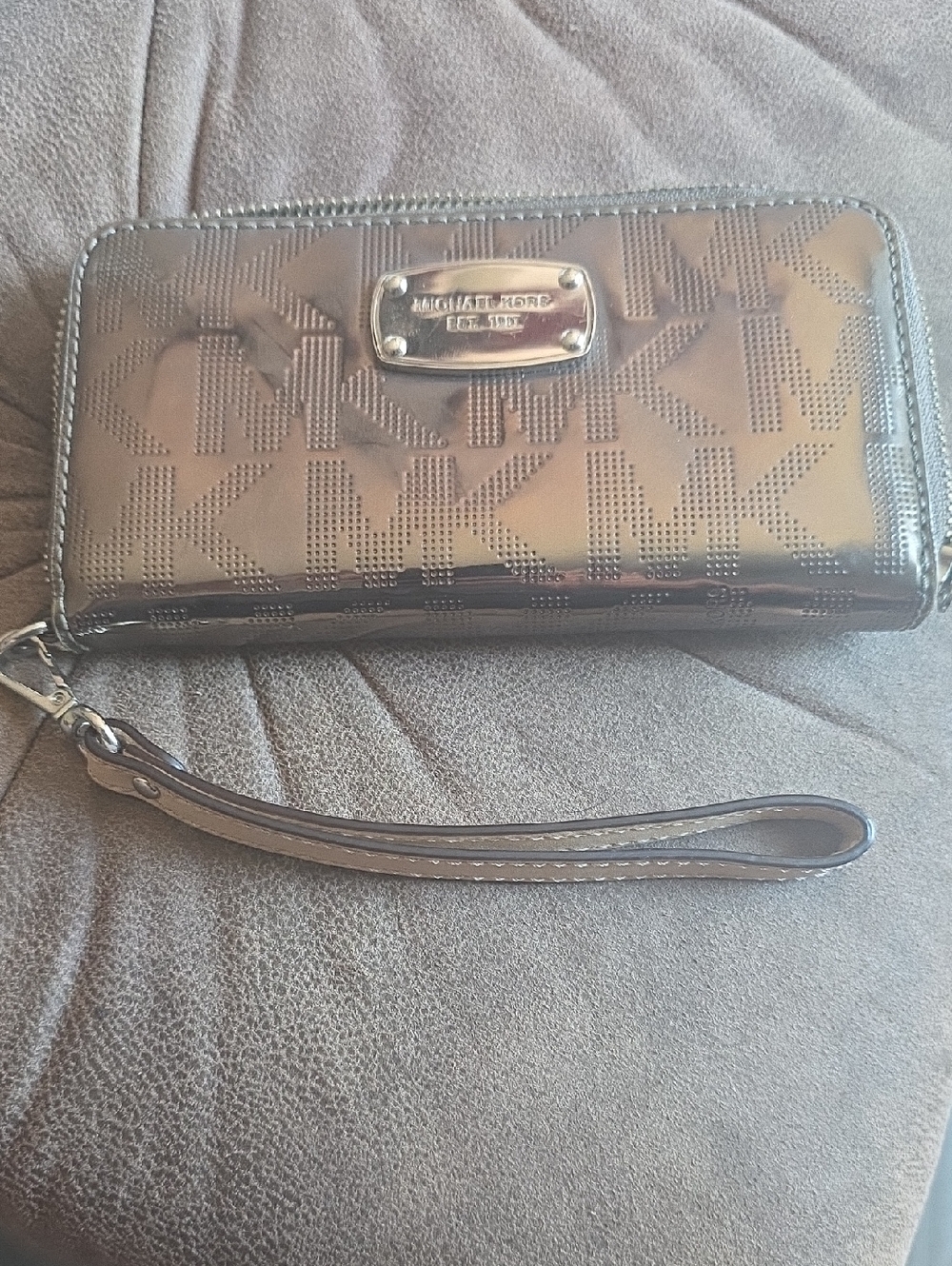 Michael Kors Metallic Pewter Perforated MK Wristlet Wallet